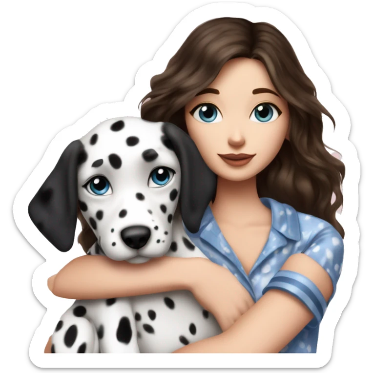 a brunette girl with blue eyes dressed in a victoria’s secret pyjamas hugging a dalmatian puppy sticker