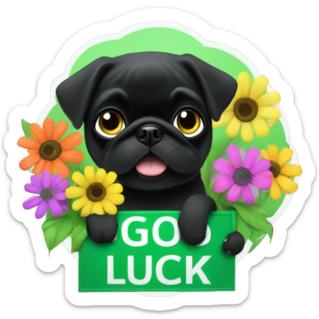Black pug , surrounded by flowers, holding a green sign that says “good luck”  sticker