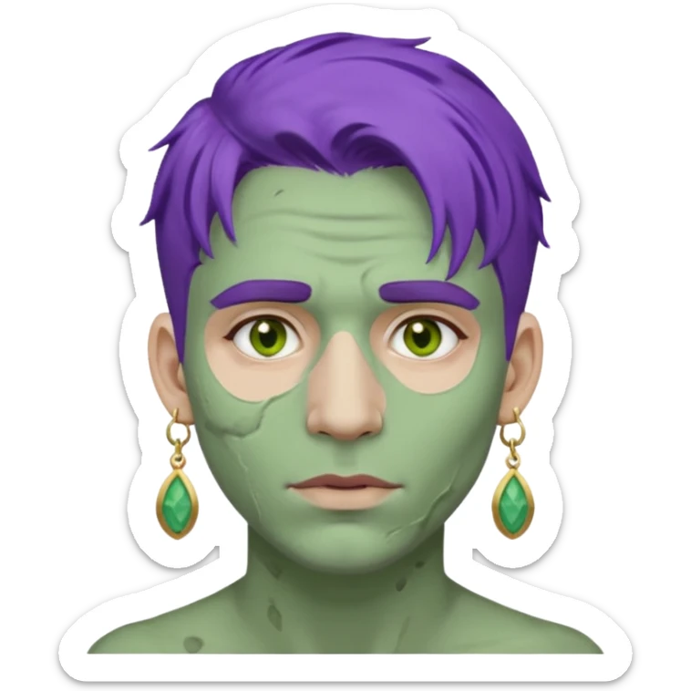 purple haired man with full full face dirty messy green clay mask and earrings sticker