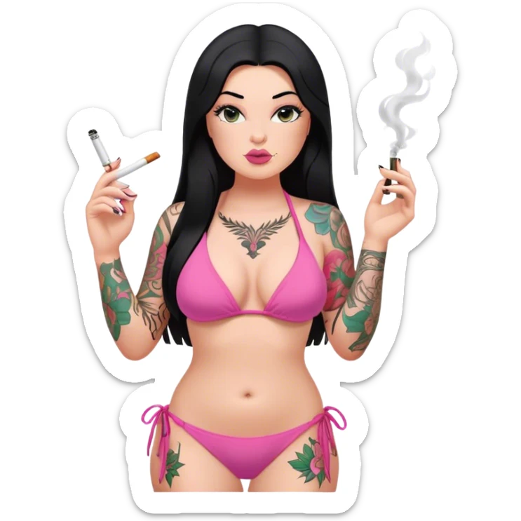 caucasian curvy girl, with tattoos, in pink bikini, smoking, with a long straight black hair  sticker