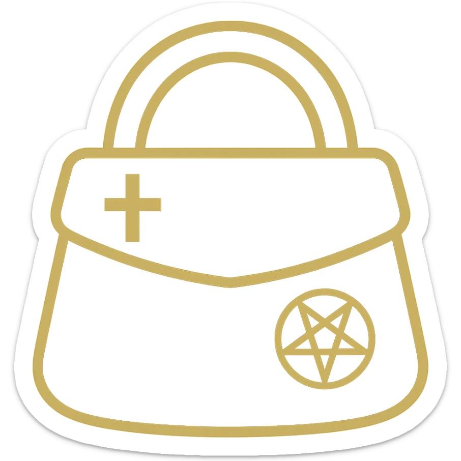 Create a stylish minimal gothic purse in gold and black colors. The purse should be minimalistic, without kawaii or cartoonish features such as big eyes. Include one or two simple gothic symbols. The background should be removed, leaving only the purse visible. sticker