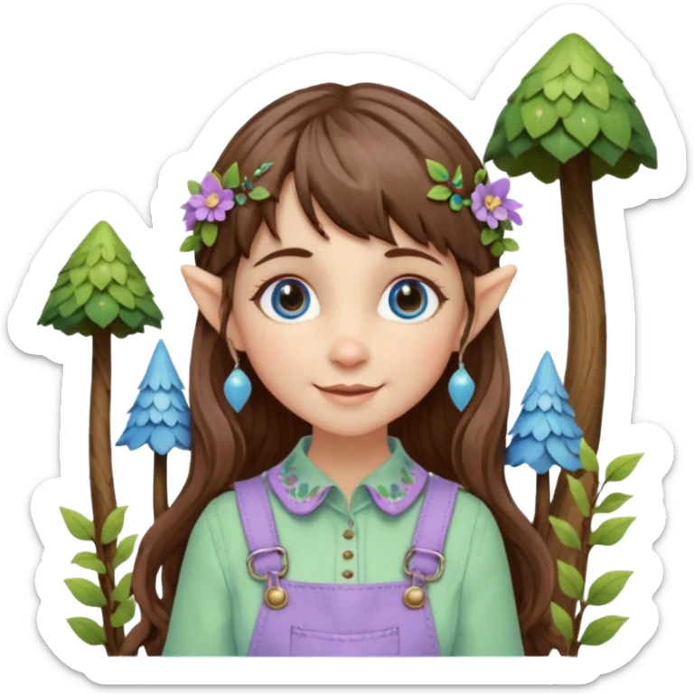 Kind happy whimsical quirky Girl toymaker, wood carving elf. Woodland nature creator. Blue eyes. brown hair (short — inch longer than chin length) wavy hair & bangs. Whimsical playful cute. Overalls with nature embroidered cute shirt collar. Light green, light purple and light blue colour aesthetic  sticker
