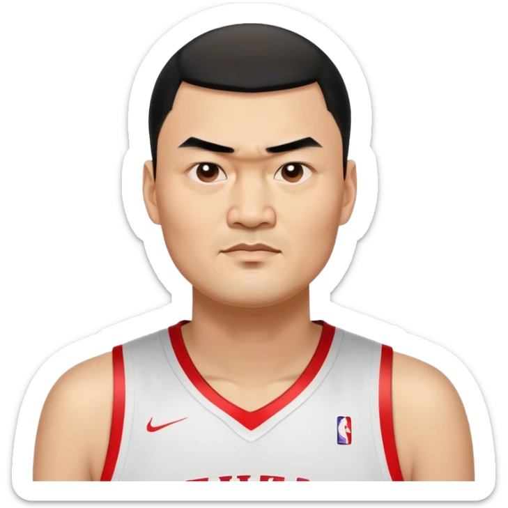 Yao Ming – Cinematic Realistic Portrait of Yao Ming, depicted as a towering basketball icon in a modern uniform, with a gentle yet determined expression and dynamic arena lighting that highlights his immense stature and graceful athleticism. sticker