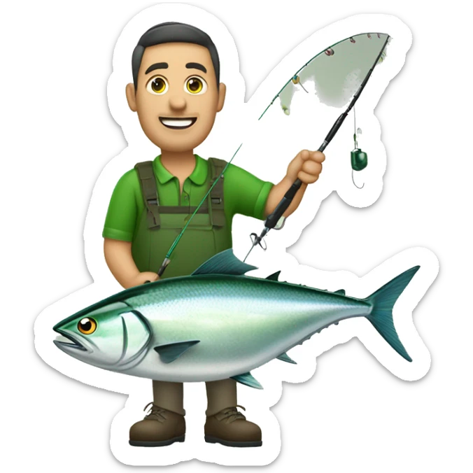 husband holding fishing rod with green fishing line hooked tuna sticker
