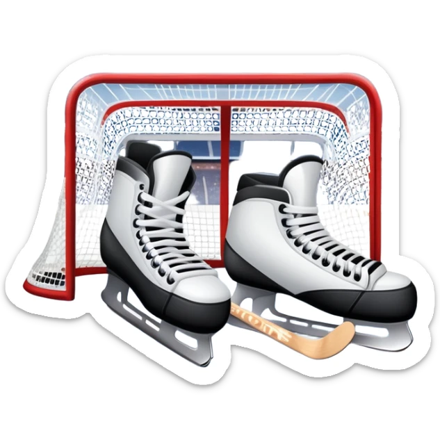 An icon showing a close-up of a hockey stick, puck, skates, and hockey net placed on the ice. The background features a packed stadium with bright lights, cheering fans, and snowy scenery outside. Transparent background highlights the key elements of the game. sticker