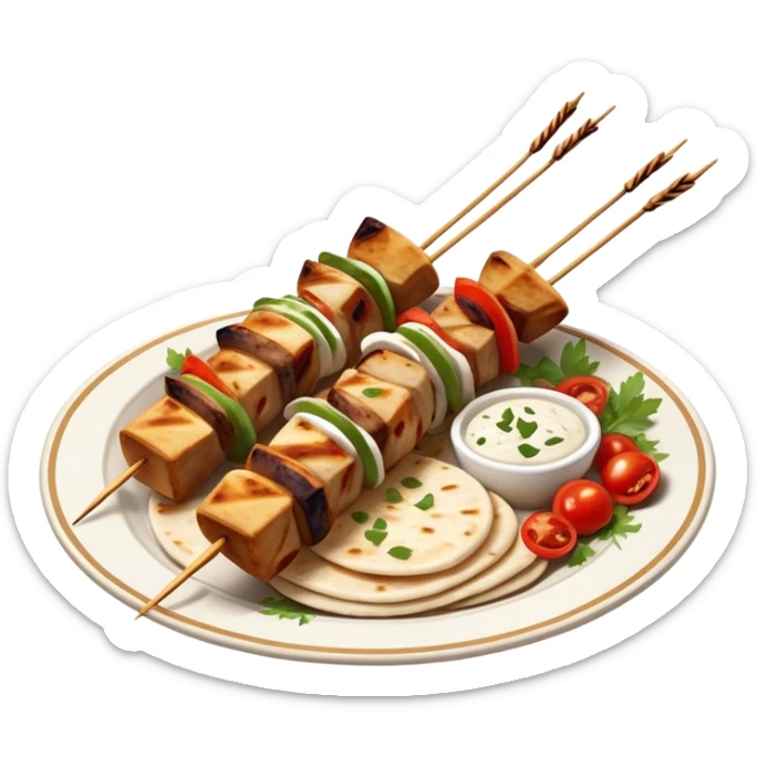 cinematic-realistic-souvlaki-dish-emoji,-showcasing-skewered,-grilled-chicken-with-mediterranean-spices-rendered-with-dynamic-textures-and-warm,-appetizing-lighting on pita bread on a plate sticker