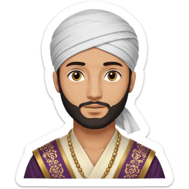 
-Apariencia: Joven de unos 25-30 años, atractivo,.
-Rostro: Ojos oscuros, piel ligeramente morena, rasgos árabes finos.
-Cabello: Negro, algo rizado o suelto, con barba fina.
-cuerpo entero  puede llevar una túnica más oriental, con faja y turbante sencillo sticker