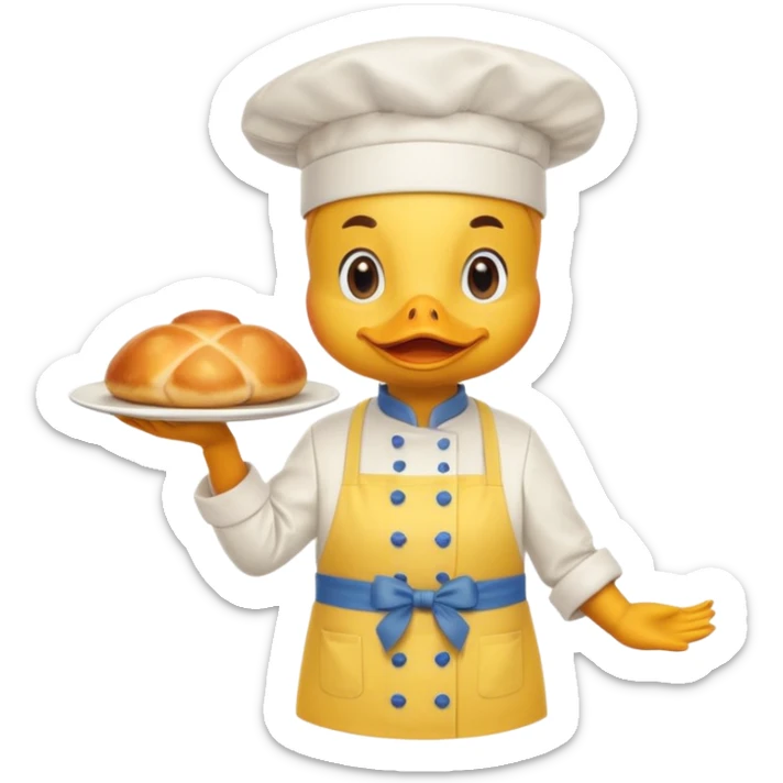 A duck in chef hat presenting a plate of fancy cuisine proudly wearing yellow apron sticker