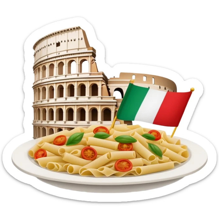 An icon featuring the Colosseum and the flag of Italy, symbolizing the Italian language. The design includes an open book with Italian phrases and a plate of pasta, representing language learning and cultural heritage. Transparent background sticker