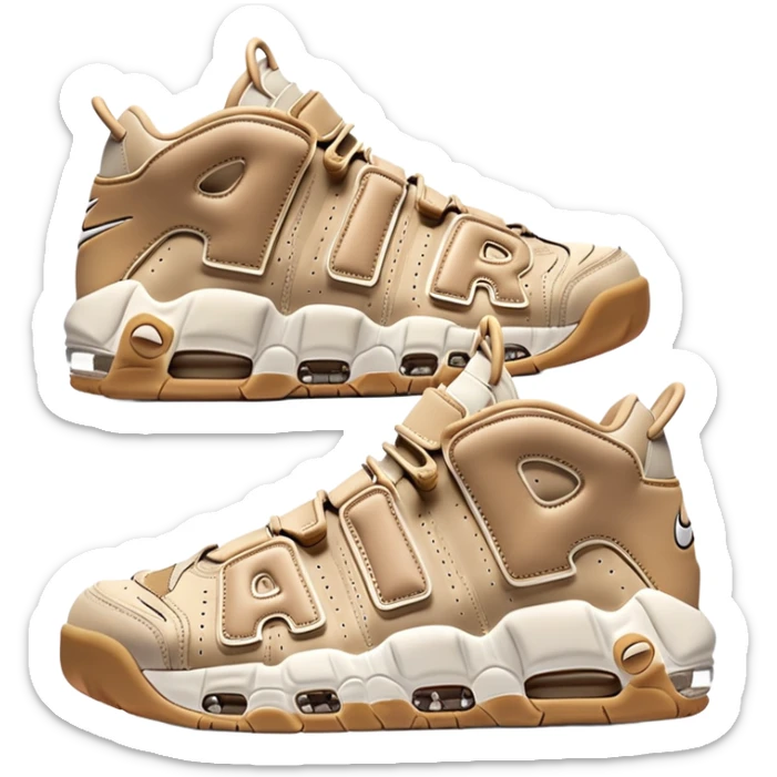 Clean iOS-style emoji of a pair of beige Nike Air More Uptempo sneakers, with left and right shoes arranged with one slightly behind the other, simple minimal design with subtle shadows sticker