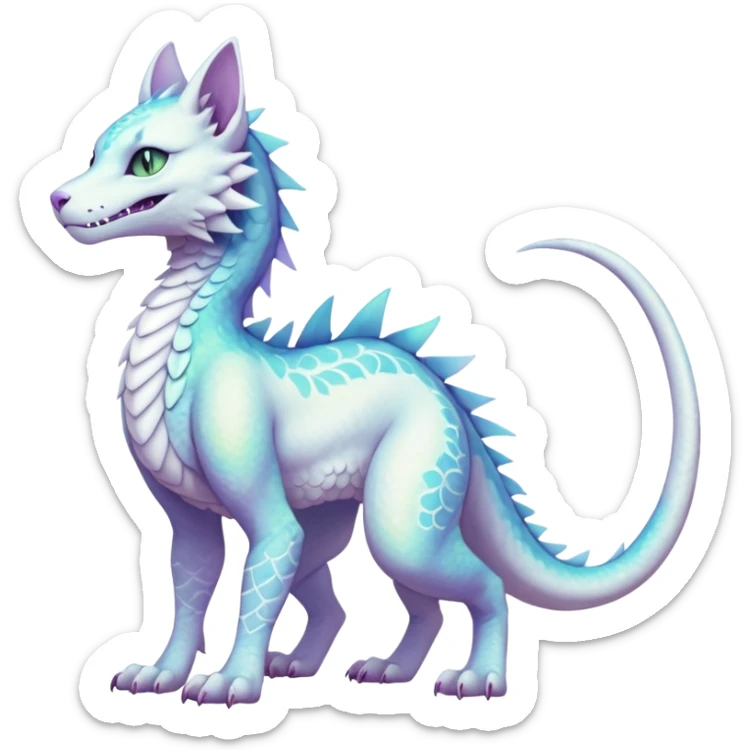Kawaii white pastel iridescent beautiful pretty elegant divine edgy fantasy feline-vernid-sergal-Haku-dragon-fursona animal creature, full body with intricate markings  sticker