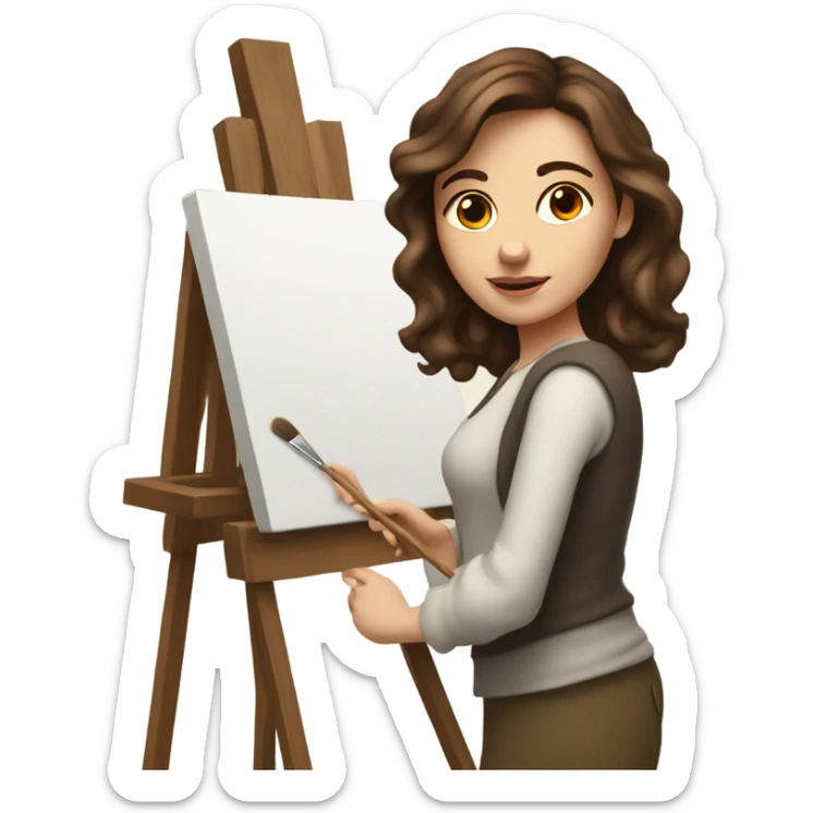 A female Caucasian brown haired artist, painting at an easel with Canvas on the easel sticker