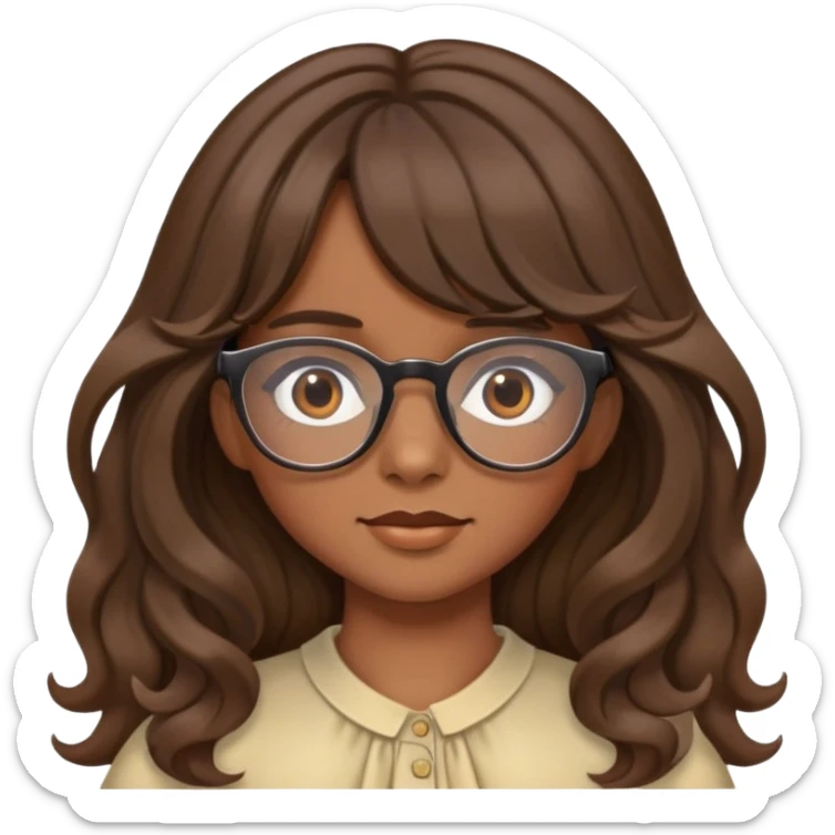 Girl with brown long wavy hair with curtain bangs and brown glasses  sticker