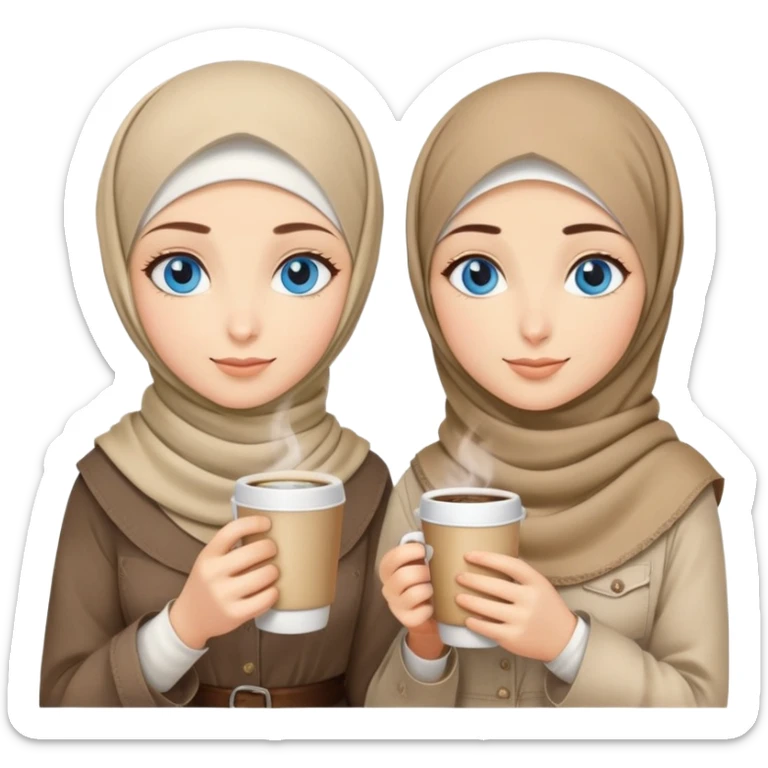 Turkish beautiful finish Konya two girls blue eyes with beige denim hijab islamic dress and had on her hand hot coffee   sticker