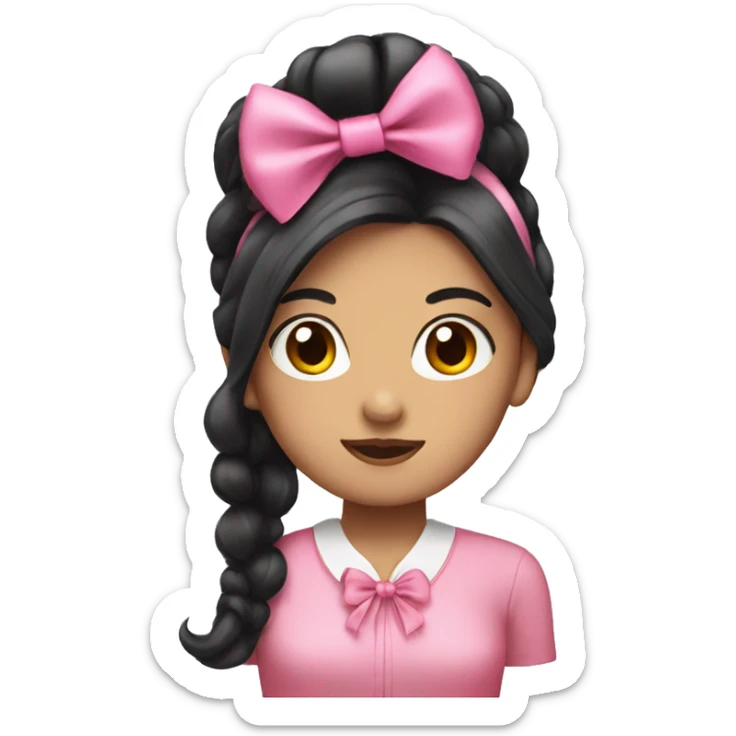 girl with long black hair, a pink bow and a pink blouse sticker