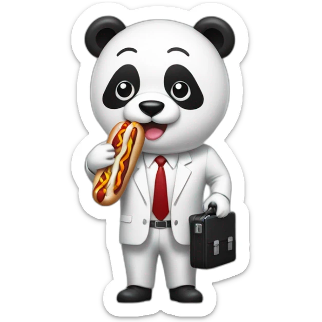 A professor with white suit and red tie and a panda face eating a hotdog and holding a black suitcase sticker