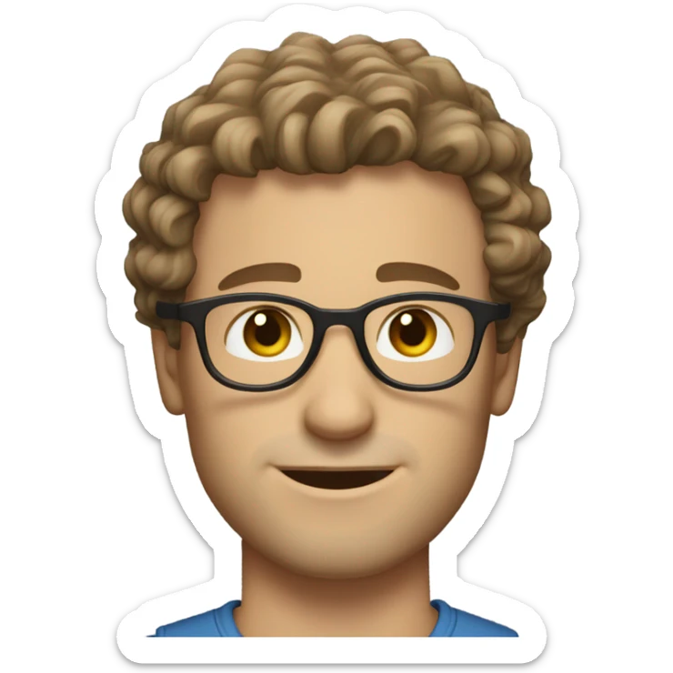 Caucasian male, shoulder length curly brown hair, brown glasses, stubble sticker