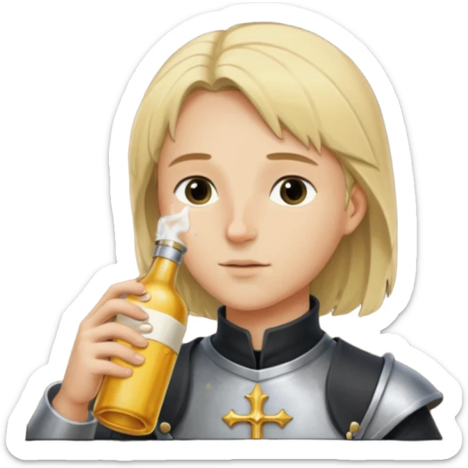 Jeanne d’arc dans un biberon et un homme grand un rase cheveux blond le boit sticker