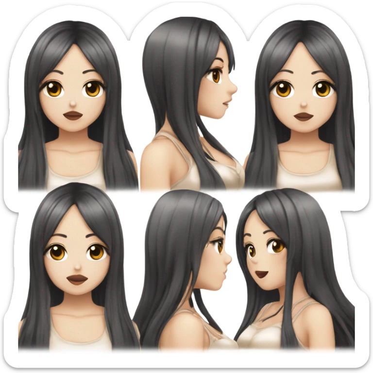 hime gyaru girl with LONG SILKY BLACK HAIR, with beige satin halter top with chest, very pale skin and pretty brown monolid eyes sticker