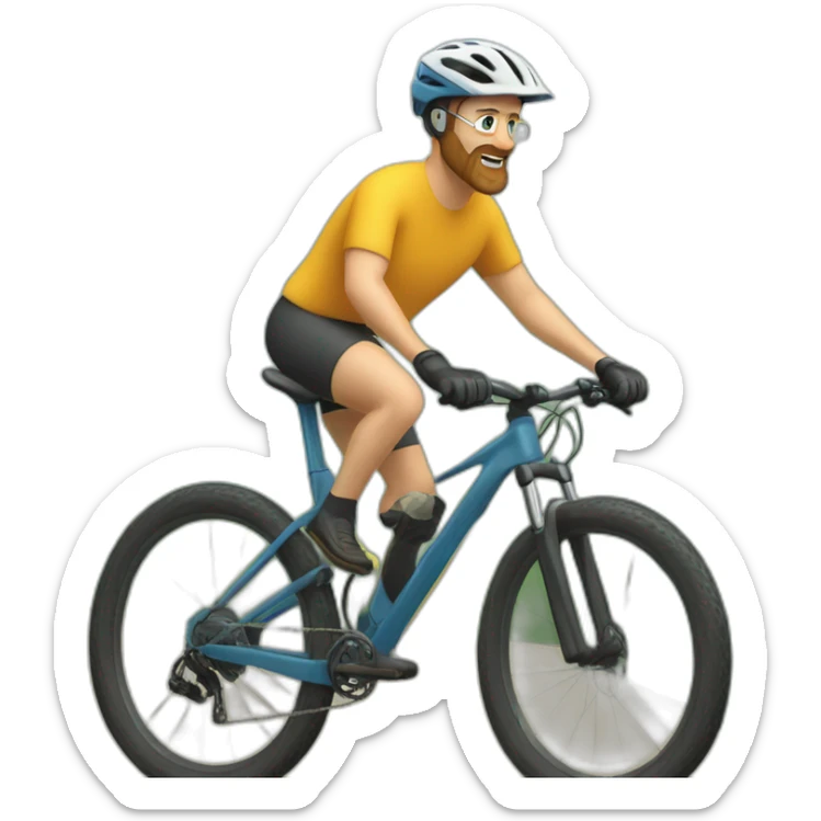 A 50 years old man with blond hair and a blond Beard is driving a mountain bike sticker