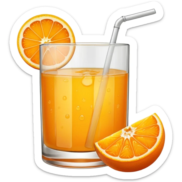 A glas of orange juice with a slice of orange next to it sticker