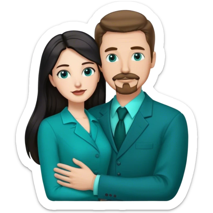 tall white man with brown hair goatee mustache hugging a pale woman with long black hair, wearing teal formal clothing sticker