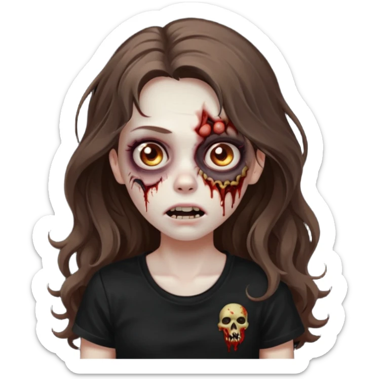 crie um emoji de uma garota zoombie cabelo castanho e longo , assustadora e fofa com cabelo ondulado 2b e camiseta básica preta sticker