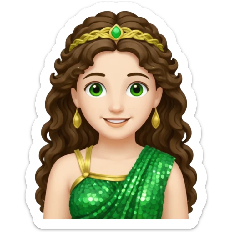 Juno, Goddess of Marriage from Roman Deities with long brunette wavy hair, green sequin toga sticker