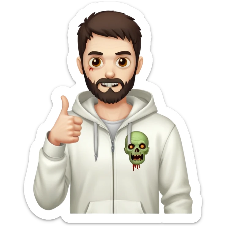 zombie with thumbs up gesture wearing white hoodie, with dark brown hair and short full beard sticker