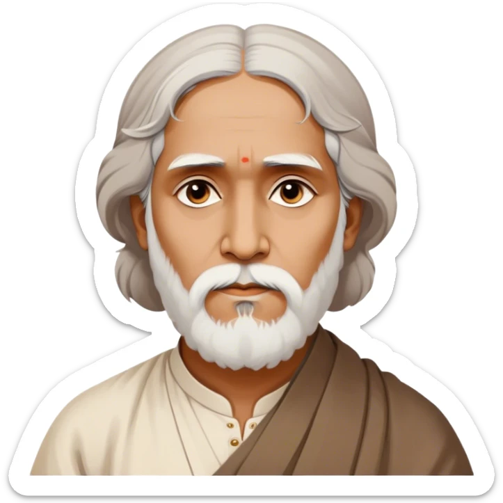 Rabindranath Tagore – Cinematic Realistic Portrait of Rabindranath Tagore, depicted with thoughtful, soulful eyes and gentle features, dressed in traditional Bengali attire with subtle artistic motifs, bathed in warm, soft lighting that evokes his poetic genius and timeless wisdom. sticker
