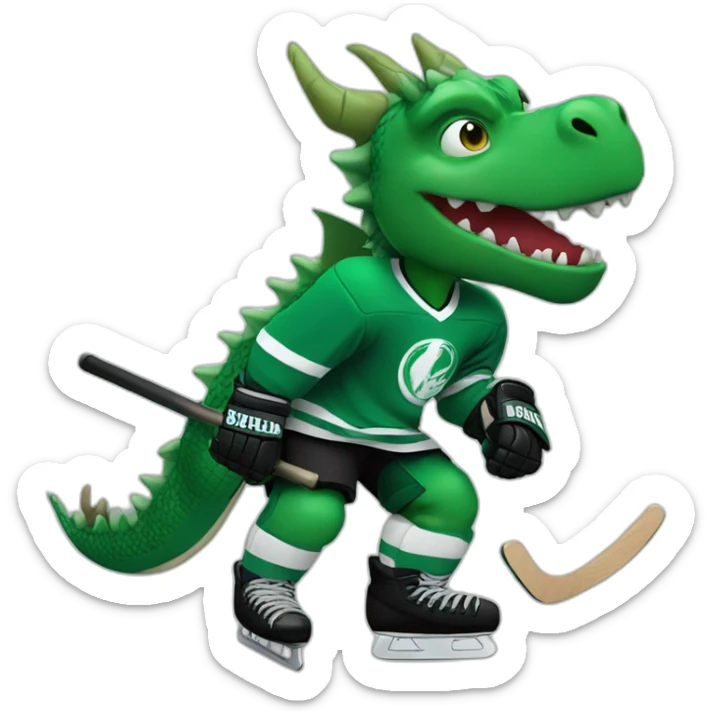 green dragon wearing a black ice hockey jersey playing ice hockey sticker