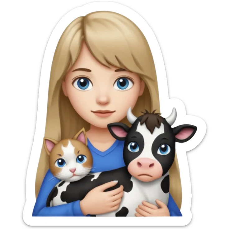 Apple-style emoji sticker of a young woman with long dark blond hair and bang, blue eyes , holding a cat black and white like a cow patch on her chest.  sticker