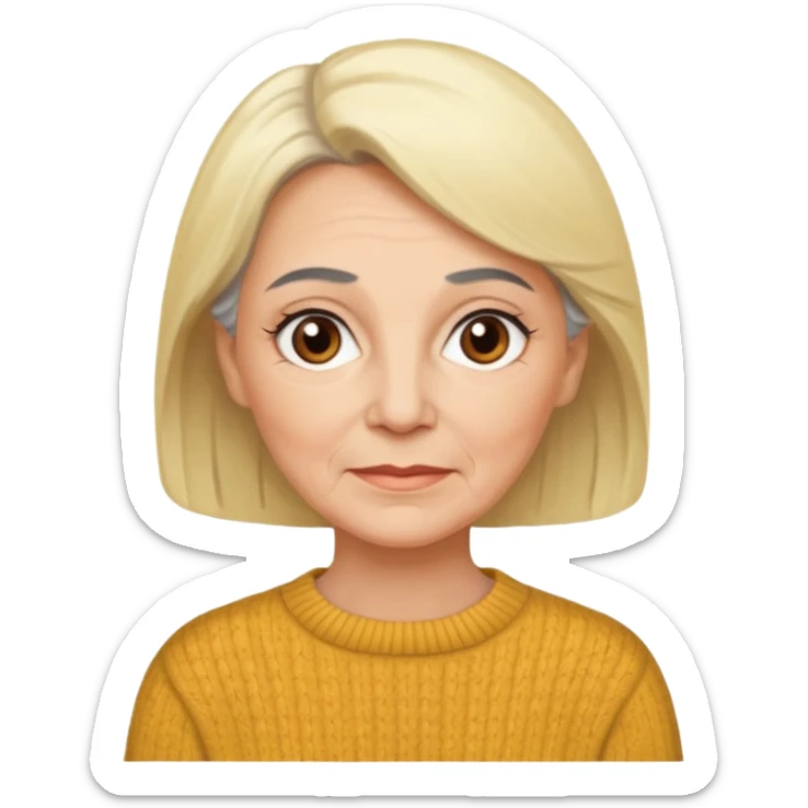 Rea emoji bionda di 70 anni occhi castani sopracciglia nere faccia più paffutella e maglione grigio ma le sopracciglia nere sticker