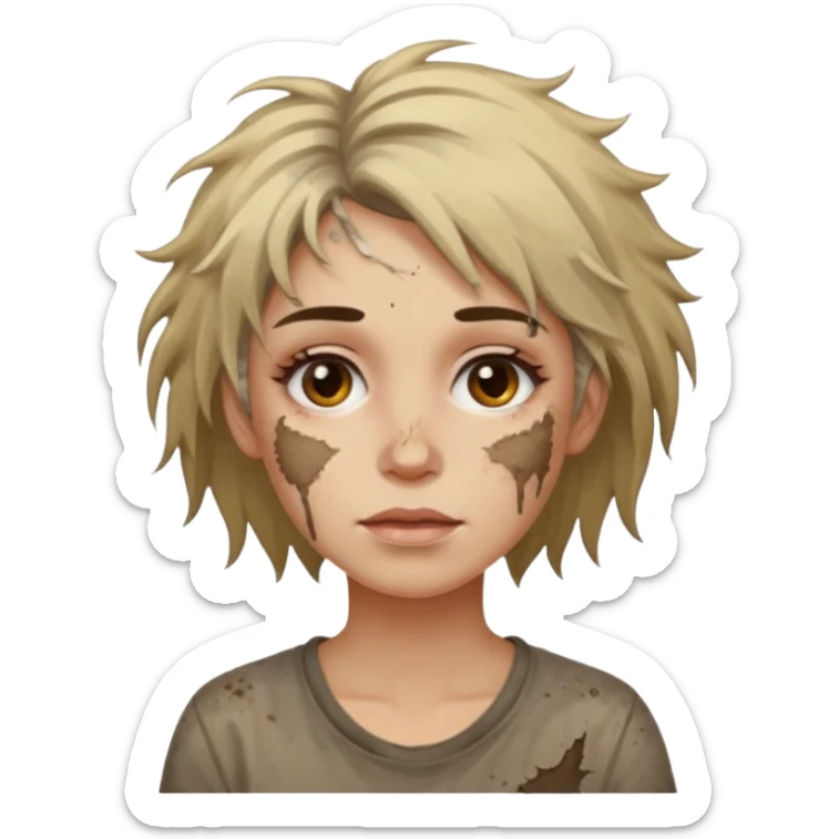 very dirty looking homeless woman very very dirty and smelly looking face only, not old with grey smudges everywhere and messy hair and lots of stains on face ugly and smudged face on forehead and chin sticker