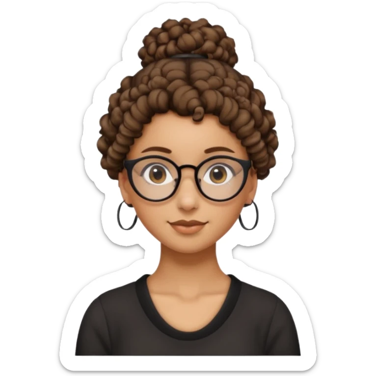 un chica con pelo rizado el peinadpo: un recogido osea todo el pelo recogido menos dos mechones alante que le llega hasta el cuello. luego pil un poco morena ojos marrones y tiene gafas negras y son exagonales pero un poco redondeadas.  sticker