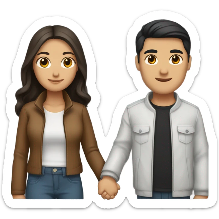 a couple holding hands. the guy has black middle part hair and is Persian and Filipino mix, wearing a jacket. the girl has brown hair white and asian mix, wearing a crop top. sticker