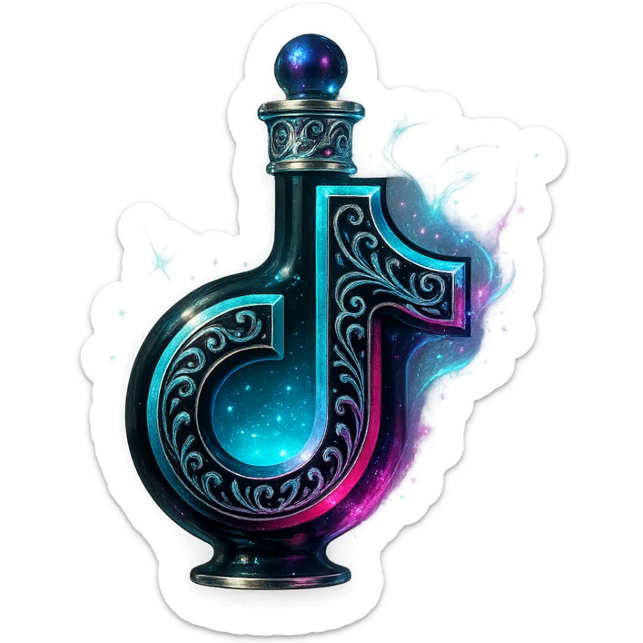 modernus prabangus eliksyro buteliukas, TikTok logotipo forma, juoda, žydra ir rožinė spalvos, holografiniai ir sidabriniai ornamentai, stiprūs magiški švytėjimai ir efektai, labai mažas kaklelis, skaidrus fonas, vientisas dugnas, be šešėlio, plūduriuoja ore, kolekcijos stilius sticker