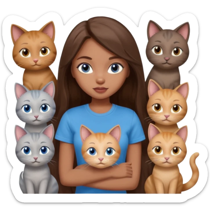 a pretty bratz dusky girl with long brown hair, blue eyes with six cats nd wearing a grey tshirt sticker
