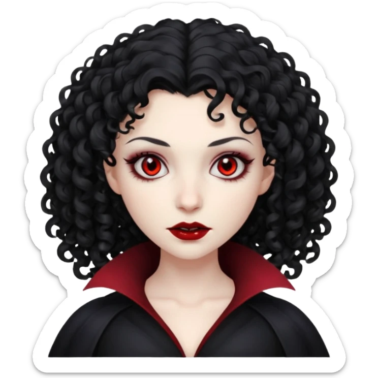 cabelos cacheados pretos, corte em camadas, pele pálida, olhos vermelhos escuros, vampiro, sexo feminino sticker