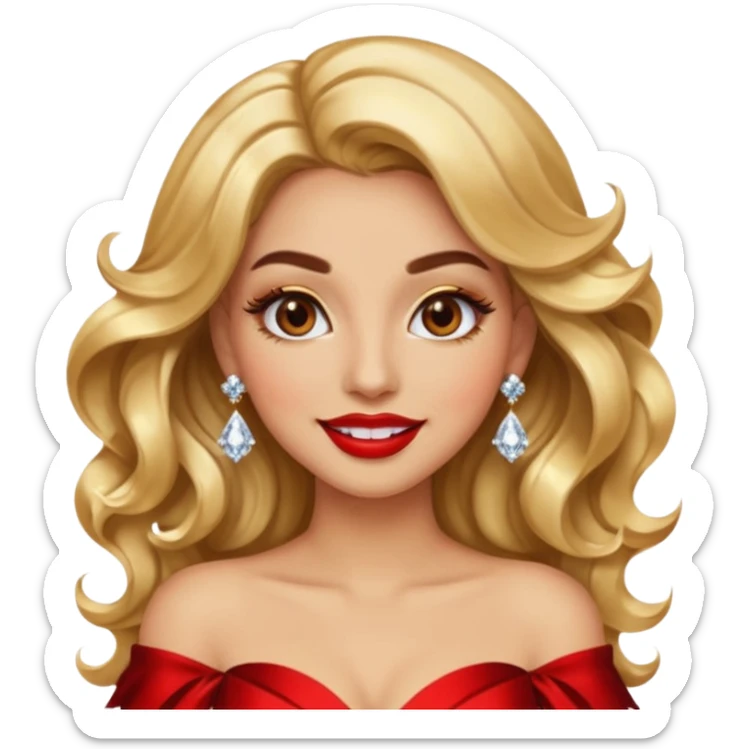 “Emoji girl, glamorous smile, shimmering gold eyeshadow, bold red lips, voluminous waves, dramatic lashes, wearing diamond earrings and gold gown.” sticker