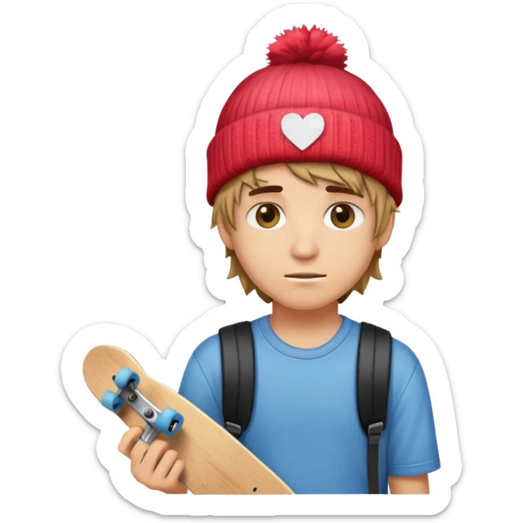 Skater Boi Boyfriend Emoji beanie, messy hair, bandaid, skateboard, chill eyes, sticker