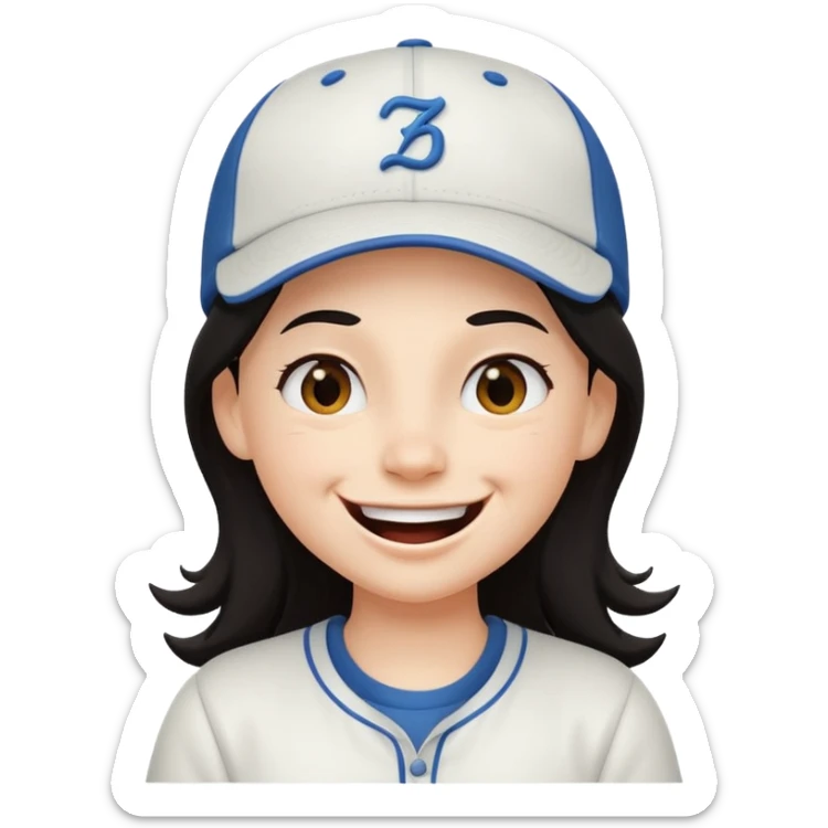 Digital illustration of a cartoon character with a big smile on its face and whinking. The character has long dark hair and is wearing a white baseball cap and casual clothes. The overall style of the illustration is cute and playful. sticker