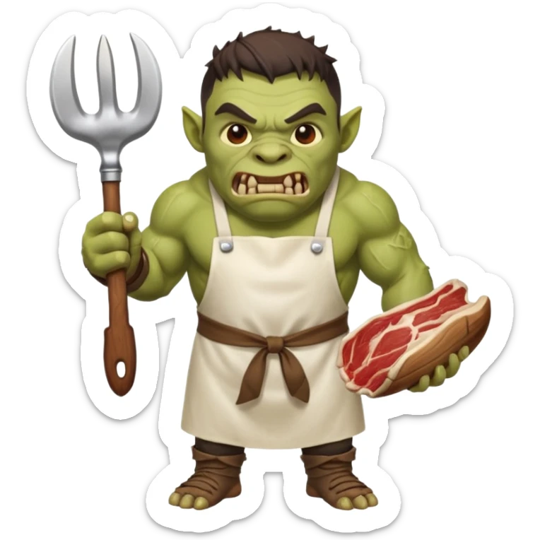 orc make Apron with "Kiss the Cook" (scratched out, replaced with "Fear the Cook"), giant rib bone as a weapon. sticker
