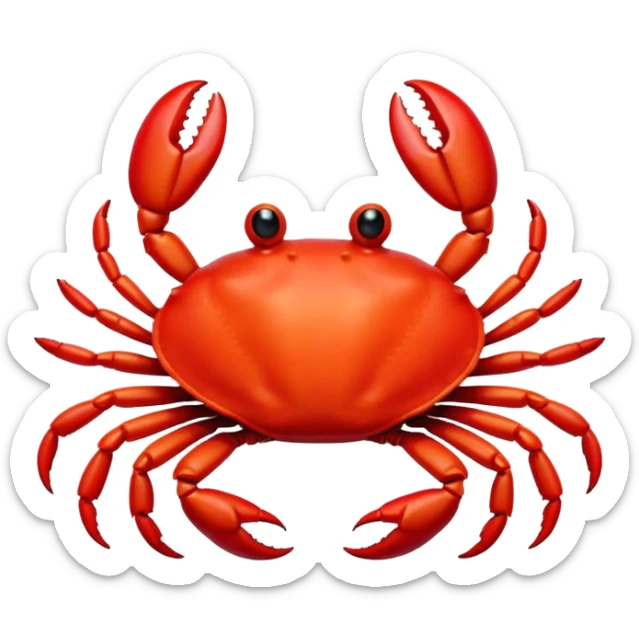 Cinematic Cute Red Crab Portrait Emoji, Head tilted playfully and inquisitively, featuring a compact, vibrant scarlet carapace with adorably small, expressive eyes and gentle, rounded pincers, Simplified yet irresistibly adorable features, highly detailed, glowing with a warm, friendly oceanic glow, high shine, affectionate and lively, stylized with a touch of seaside whimsy, soft glowing outline, capturing the essence of a mischievous yet loving red crab that seems as if it could pinch its way out of the screen into your arms! sticker