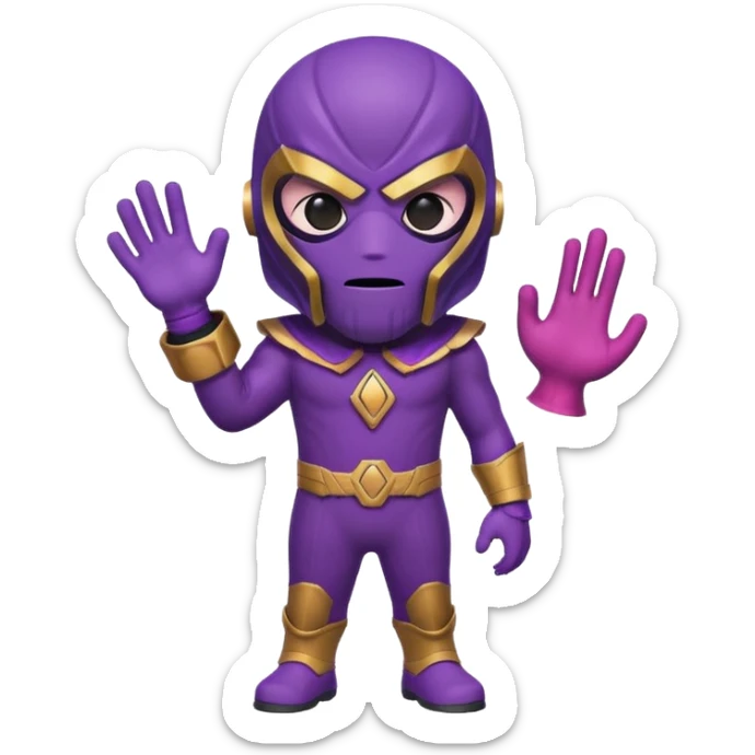 cute emoji character of Thanos wearing Squid Game guard red jumpsuit and black mask with triangle symbol, purple skin, strong jawline, Infinity Gauntlet, minimalistic, bold lines, bright colors, playful, suitable for small emoji icon sticker