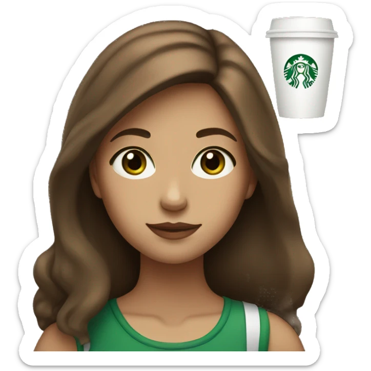 A girl with brown hair and green eyes with a Starbucks cup sticker