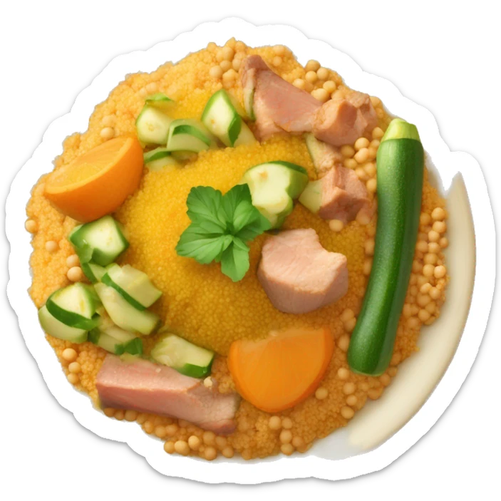 Couscous dish with orange sauce, carrots, zucchini, chickpeas and meat on top sticker