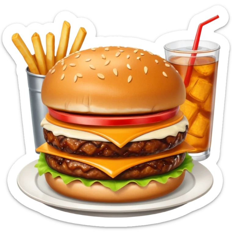 BBQ BACON BURGER, LARGE ORDER OF FRIES, ORANGE SODA WITH NO ICE, AND PIECE OF HOT APPLE PIE. sticker