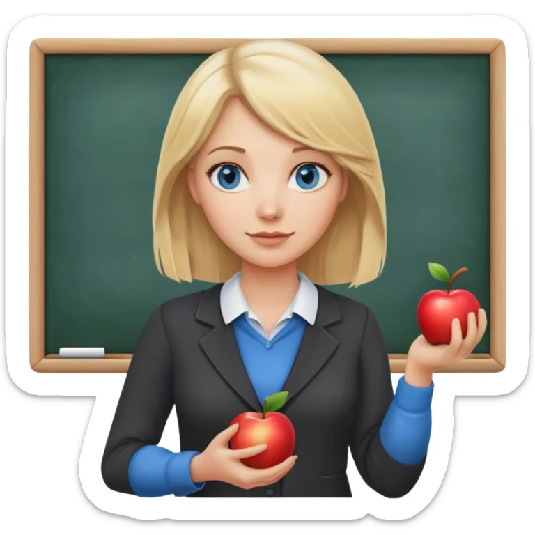 blonde hair blue eyes teacher female with apple and chalkboard sticker