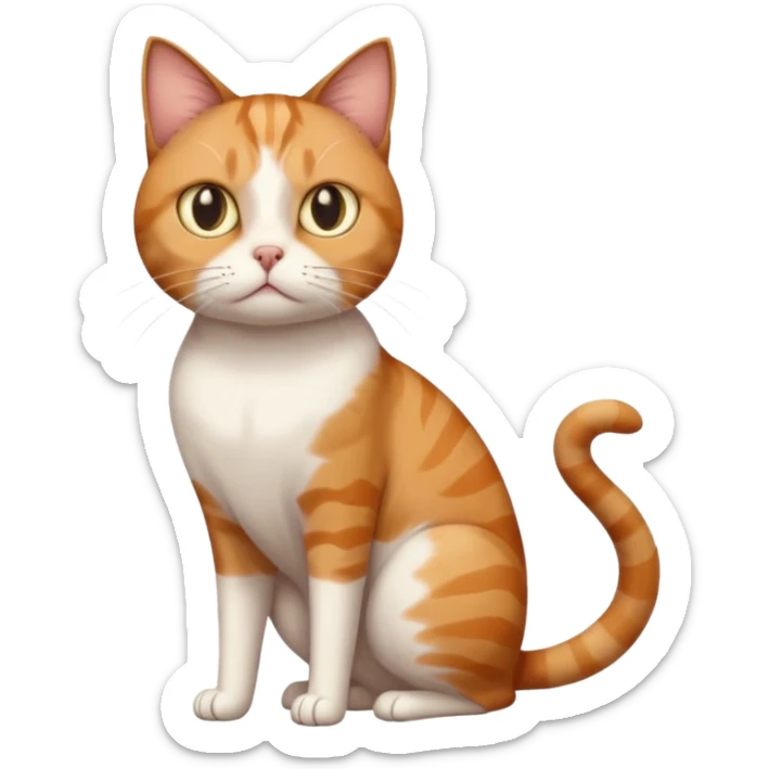 full body white, ginger and brown tabby calicio cat with skinny head and fat body with an anxious face sticker